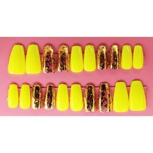 Miss Sunshine Gold Yellow Medium Round Coffin Gloss Finish Press On Nails Long